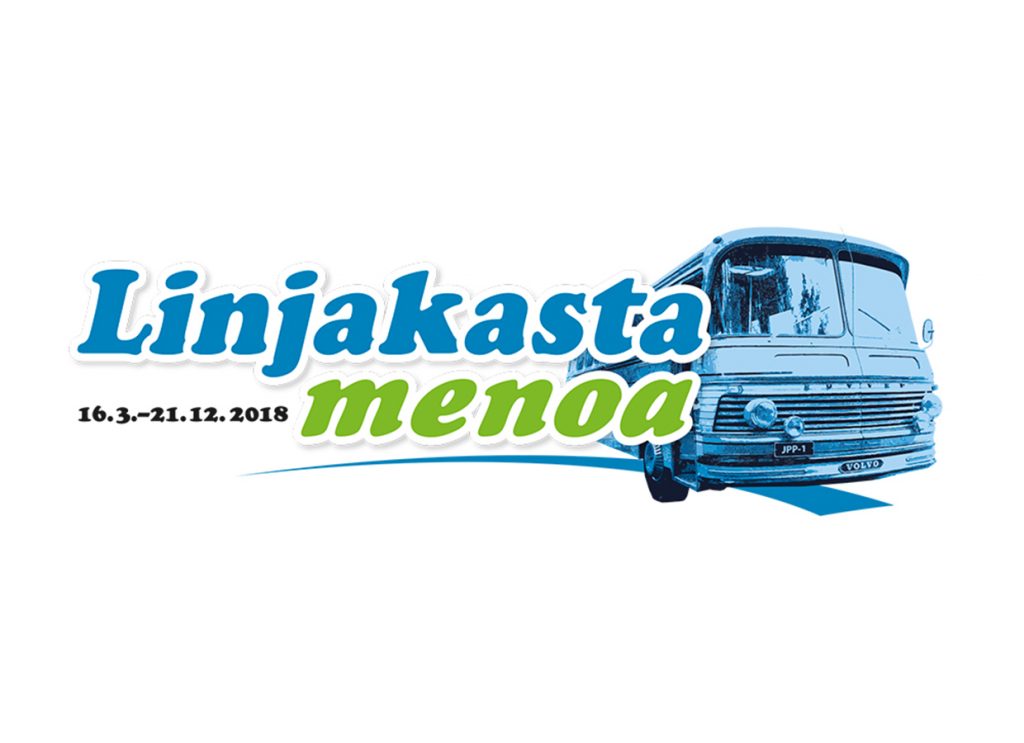 Näyttelylogossa sinisävuinen linja-autonkeula ja sini-vihreä otsikko Linjakasta menoa
