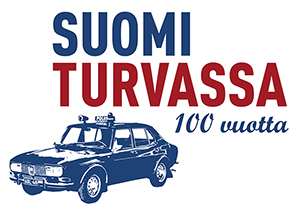 Näyttelylogossa sininen poliisisaabin hahmo ja sini-punainen teksti Suomi turvassa 100 vuotta