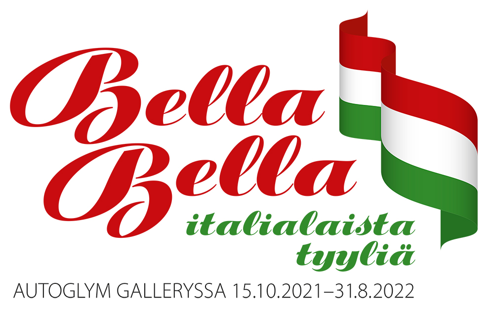 Logo jossa punaisin kaunokirjaimin Bella bella ja vihreällä alla italialaista tyyliä. Reunassa liehuva Italian lippu.