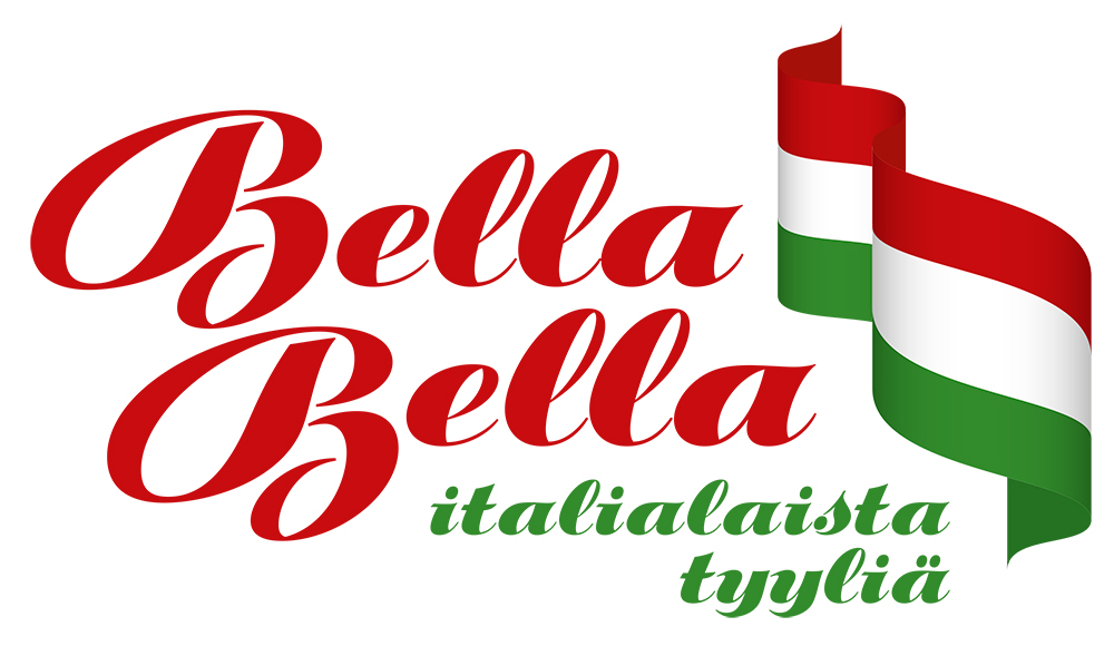 Punaisella kaunokirjoituksella Bella-sanat päällekkäin, niiden vieressä liehuva serpentiini Italian väreissä