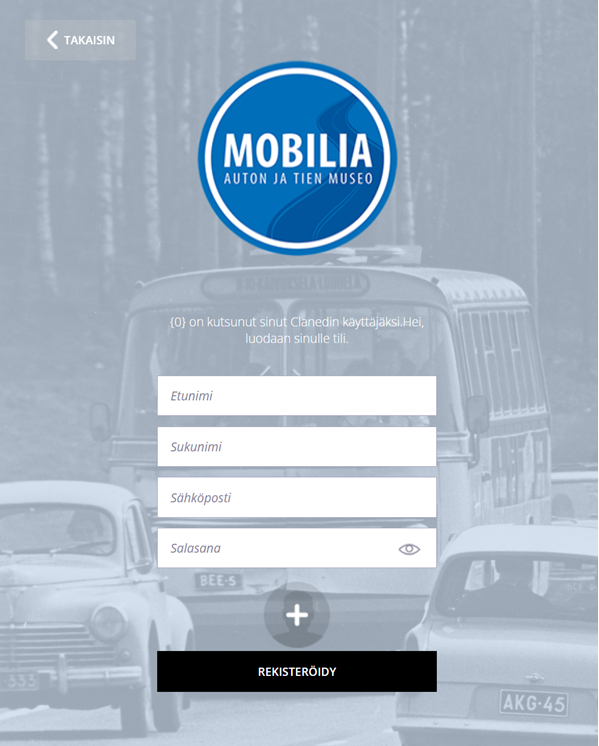 Harmaalla kuvataustalla Mobilian sininen logo ja sen alla rekisteröitymiseen vaadittavat valkoiset tietokentät: etu- ja sukunimi, sähköpostiosoite ja salasana.
