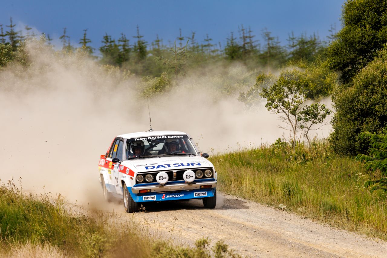 80-luvun alun Datsun Violet -ralliauto ajaa sora pöllyten rallipätkää matalakasvuisen metsikössä auringon paahteessa.