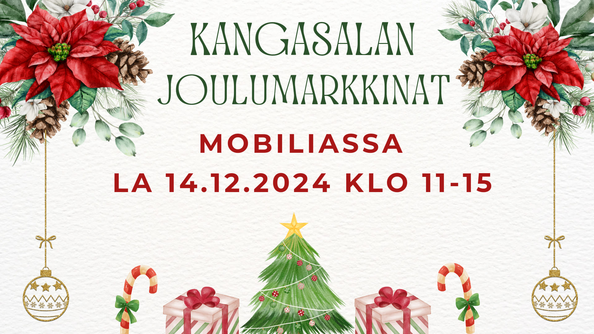 Kangasalan joulumarkkinat Mobiliassa 14.12.2024. Kuvassa joulukuusi, sekä joulukoristeita.