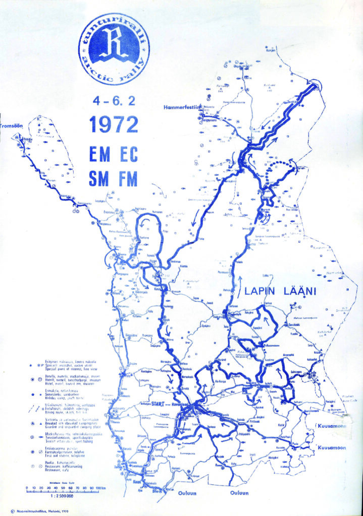 Tunturirallin kartassa 1972 on Lapin kartta sinisellä piirrettyinä reitteineen valkoisella pohjalla.