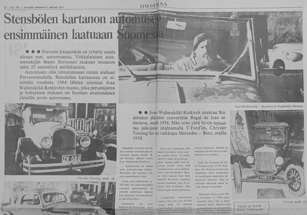 Risto Valkeapään artikkeli Uudenmaan Sanomissa 6.10.1977 Iván Wallensköld-Rotkirchistä ja Stensbölestä