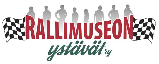 Rallimuseon ystäväyhdistyksen logossa tekstin takana näkyy harmaita ihmishahmoja ruutulippujen välissä.